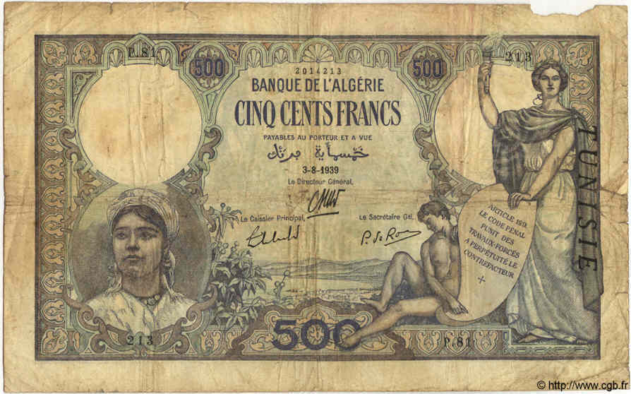 500 Francs TUNISIA  1939 P.14 G