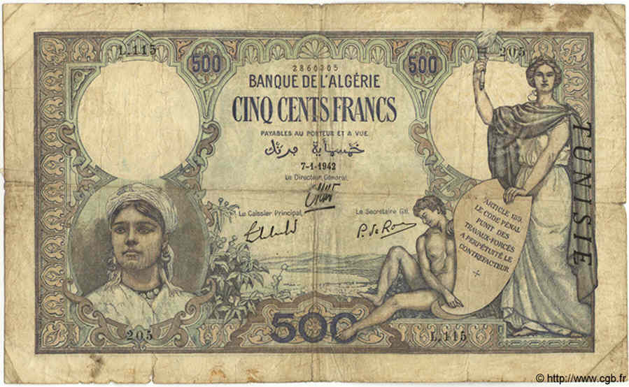 500 Francs TUNISIA  1942 P.14 VG