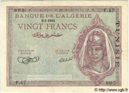 20 Francs TUNESIEN  1943 P.17 VZ