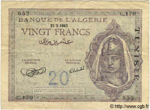 20 Francs TúNEZ  1943 P.17 BC a MBC