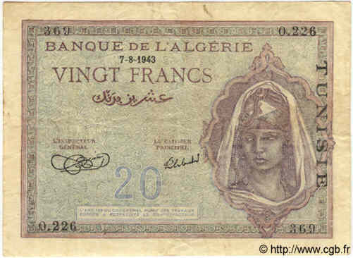 20 Francs TUNISIA  1943 P.17 MB a BB