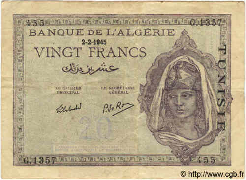 20 Francs TúNEZ  1945 P.18 MBC
