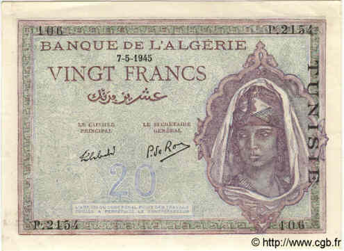20 Francs TUNISIA  1945 P.18 AU-
