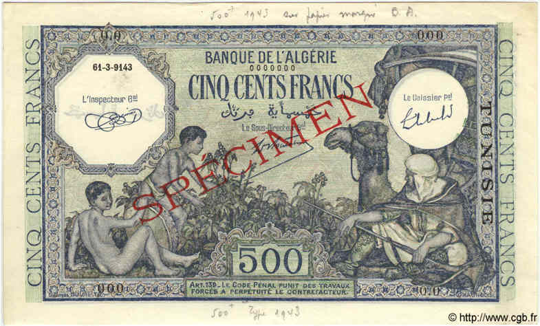 500 Francs Spécimen TúNEZ  1943 P.19s SC+