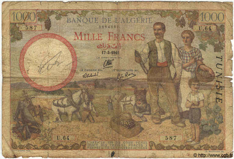 1000 Francs TUNISIA  1941 P.20a q.B