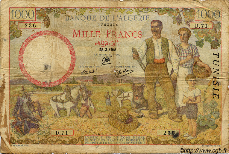 1000 Francs TUNISIA  1941 P.20a B