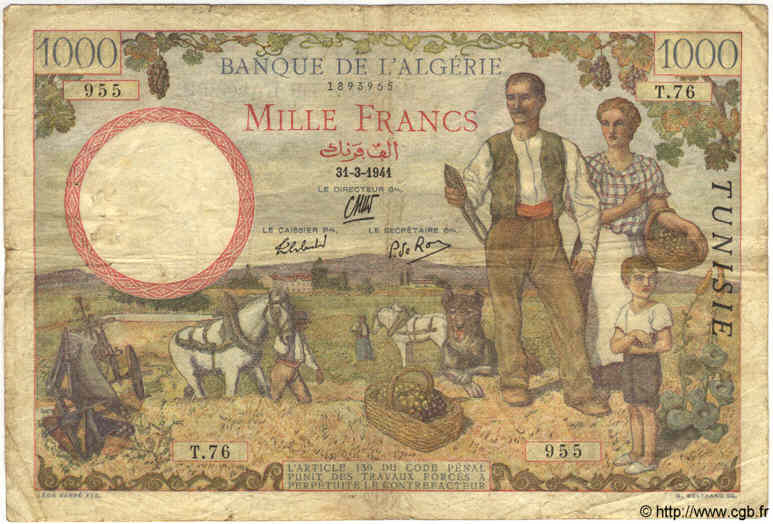 1000 Francs TUNISIA  1941 P.20a VG