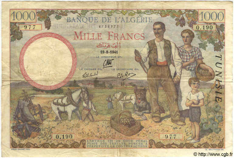 1000 Francs TUNESIEN  1941 P.20a SS