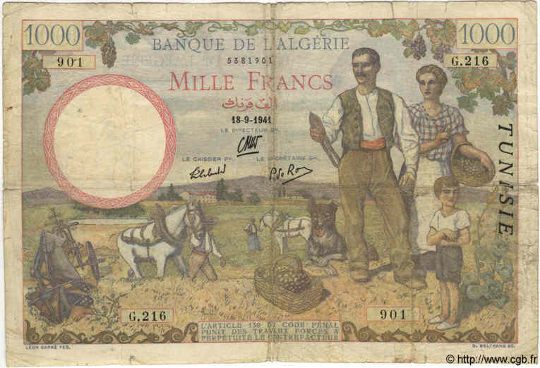 1000 Francs TUNISIA  1941 P.20a q.MB