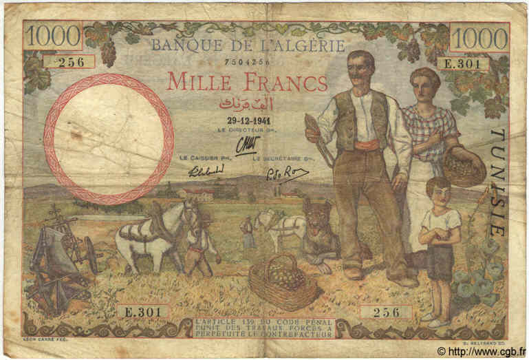 1000 Francs TUNISIA  1941 P.20a B a MB