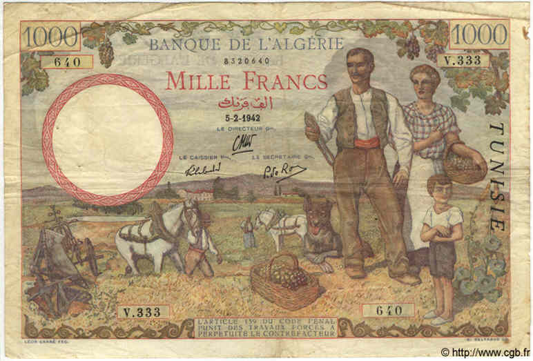 1000 Francs TUNISIA  1942 P.20a F