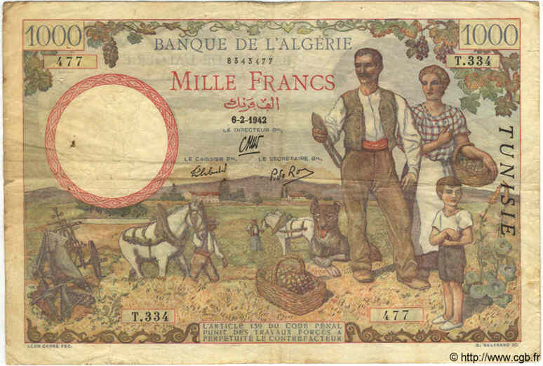 1000 Francs TUNISIA  1942 P.20a q.MB