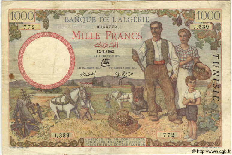 1000 Francs TúNEZ  1942 P.20a BC a MBC