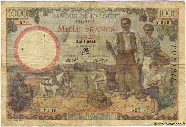 1000 Francs TúNEZ  1942 P.20a RC+