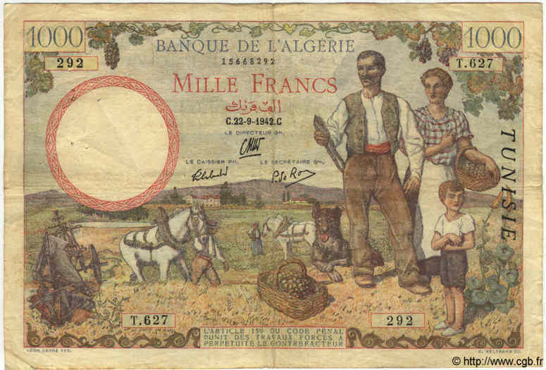 1000 Francs TUNISIA  1942 P.20a MB