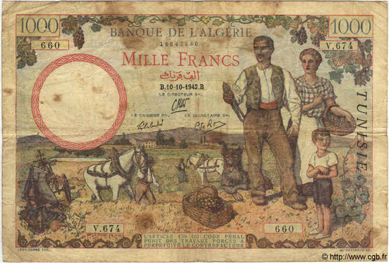 1000 Francs TúNEZ  1942 P.20a RC a BC