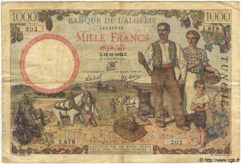 1000 Francs TUNISIA  1942 P.20a q.BB
