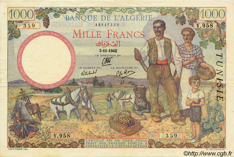 1000 Francs TUNISIA  1942 P.20a XF+