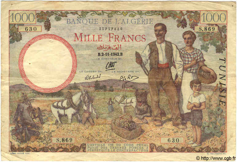 1000 Francs TúNEZ  1942 P.20b BC+