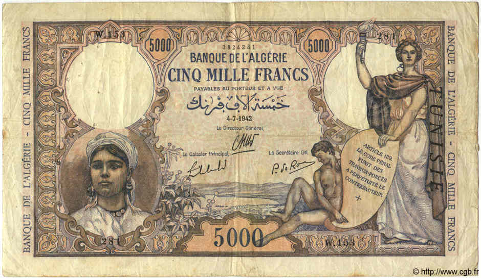5000 Francs TUNISIA  1942 P.21 F