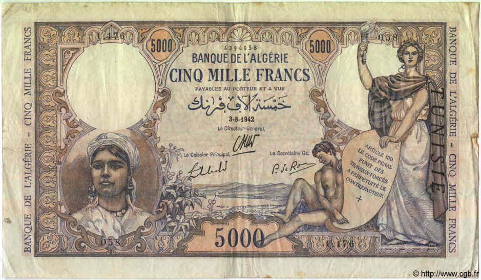 5000 Francs TUNISIA  1942 P.21 q.BB