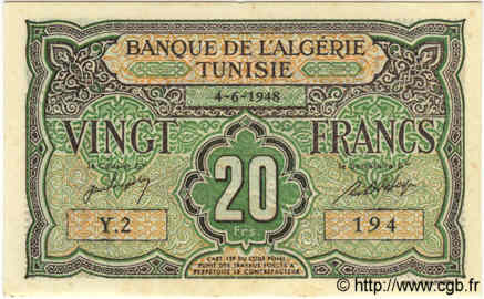 20 Francs TUNESIEN  1948 P.22 fST