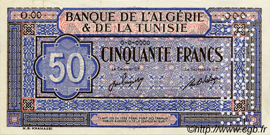 50 Francs Spécimen TUNISIA  1949 P.23s AU
