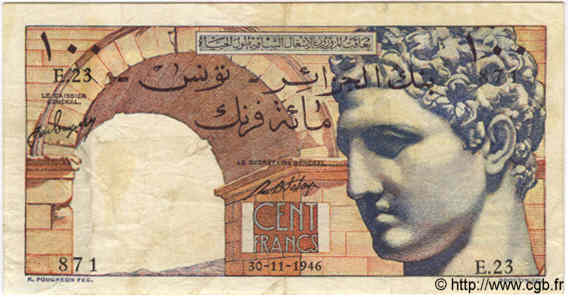 100 Francs TUNISIA  1946 P.24 F+