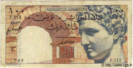 100 Francs TUNESIEN  1947 P.24 fS