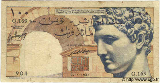 100 Francs TUNISIA  1947 P.24 VG