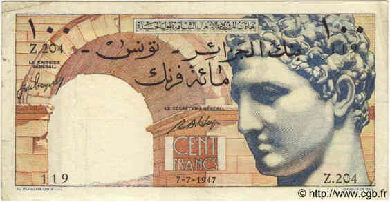 100 Francs TúNEZ  1947 P.24 MBC
