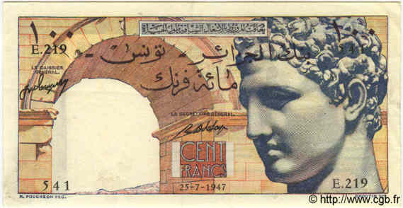 100 Francs TUNISIA  1947 P.24 XF