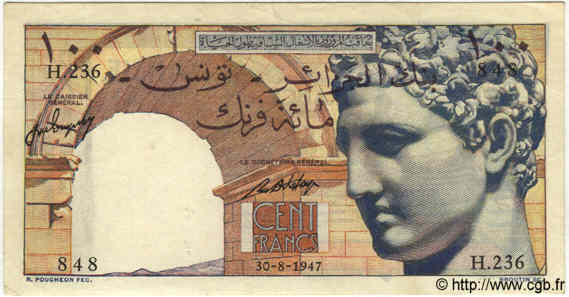 100 Francs TúNEZ  1947 P.24 MBC+