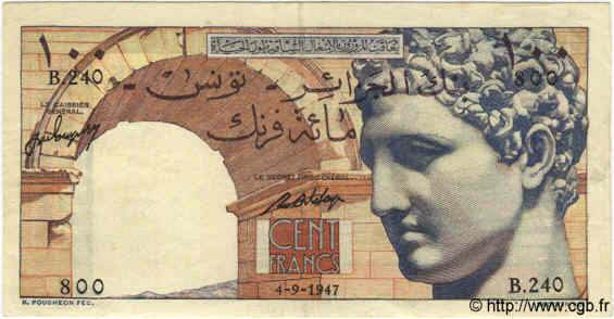 100 Francs TUNESIEN  1947 P.24 SS to VZ