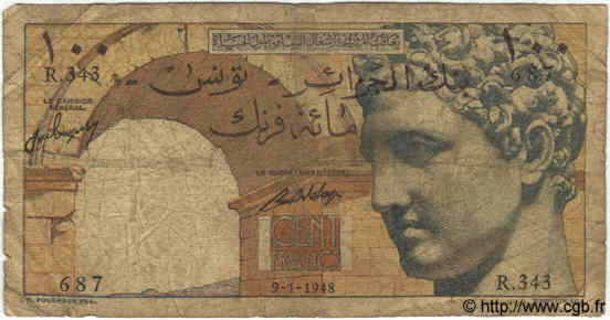 100 Francs TUNISIA  1948 P.24 G