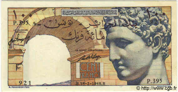 100 Francs TUNESIEN  1948 P.24 fST+