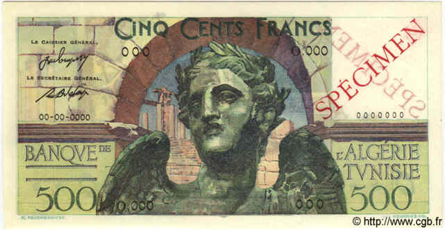 500 Francs Spécimen TUNESIEN  1947 P.25s ST