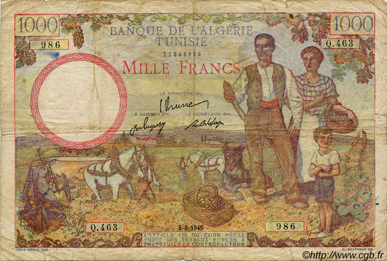 1000 Francs TUNISIA  1946 P.26 VG
