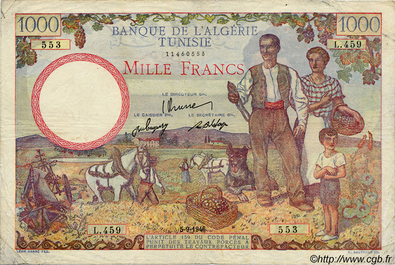1000 Francs TUNISIA  1946 P.26 q.BB
