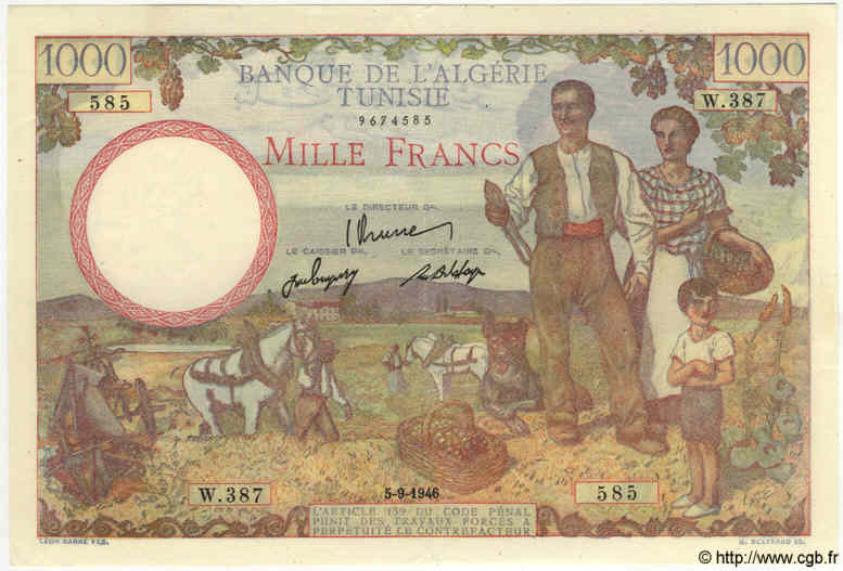 1000 Francs TUNESIEN  1946 P.26 fST