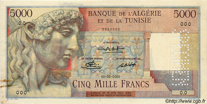 5000 Francs Spécimen TUNISIE  1947 P.27s TTB+