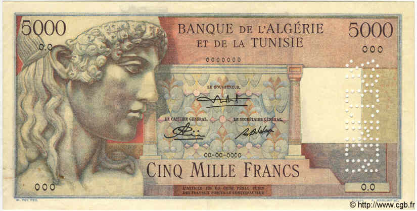 5000 Francs Spécimen TUNESIEN  1947 P.27s VZ