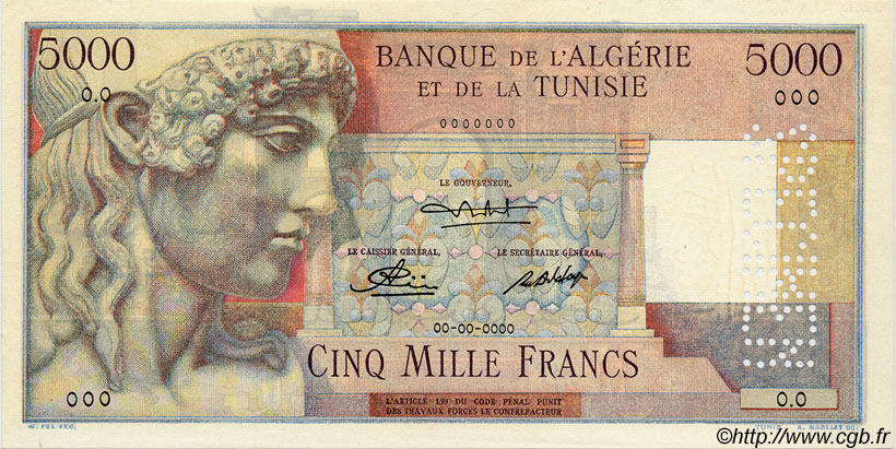 5000 Francs Spécimen TUNISIA  1947 P.27s FDC