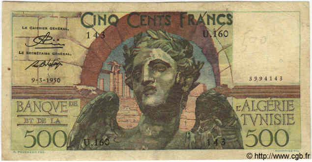 500 Francs TUNESIEN  1950 P.28 fS to S