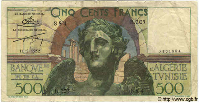 500 Francs TUNISIA  1952 P.28 F+