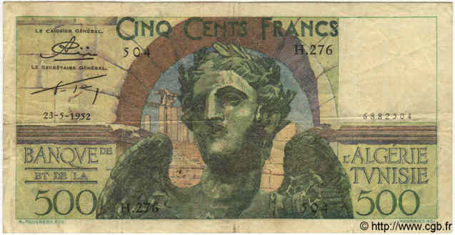 500 Francs TúNEZ  1952 P.28 BC+