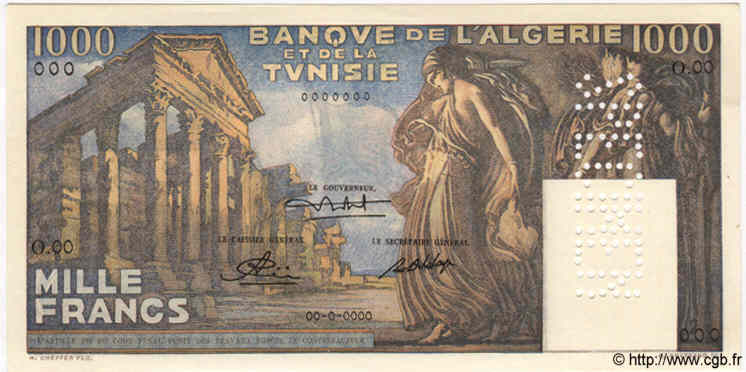 1000 Francs Spécimen TUNISIA  1950 P.29s FDC
