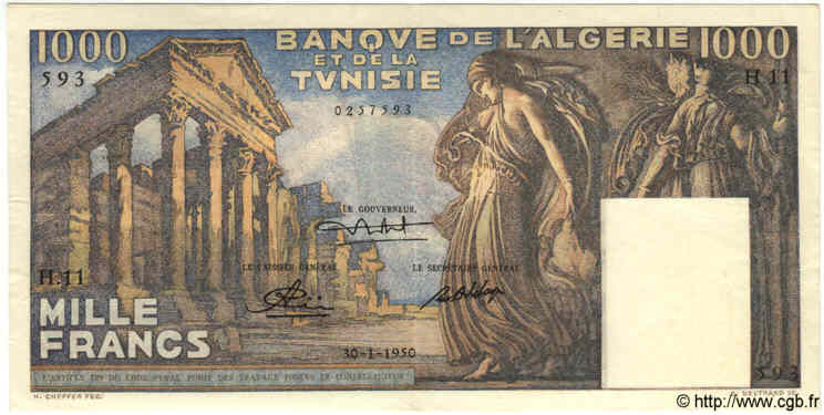 1000 Francs TUNESIEN  1950 P.29a VZ