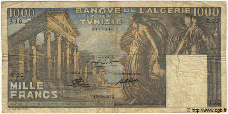 1000 Francs TUNISIA  1950 P.29a VG