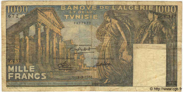 1000 Francs TUNISIE  1950 P.29a B+ à TB